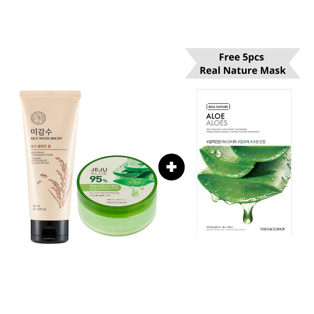 [RWB] Rice Water Bright Rice Bran Foaming Cleanser +  Jeju Aloe Fresh Soothing Gel FREE 5pcs Mask